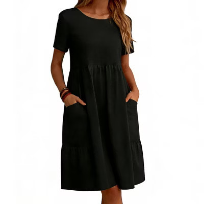 Women's Short Sleeve A-Line Dress Flowy Casual Dress with Side Pockets for Daily & Outdoor Wear Black M | Target