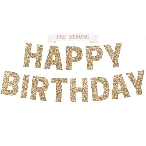 Pre-strung Happy Birthday Banner - No DIY - Gold Glitter Birthday Party Banner for Men & Women - Pre-strung Garland on 8 ft Strands - Gold Bday Party Decorations & Decor. Did We Mention No DIY | Amazon (US)