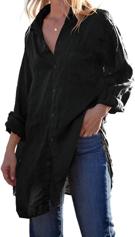 Karlywindow Womens Button Down Tunic Shirts Cotton Linen Long Sleeve Work Blouse Loose Casual Bea... | Amazon (US)