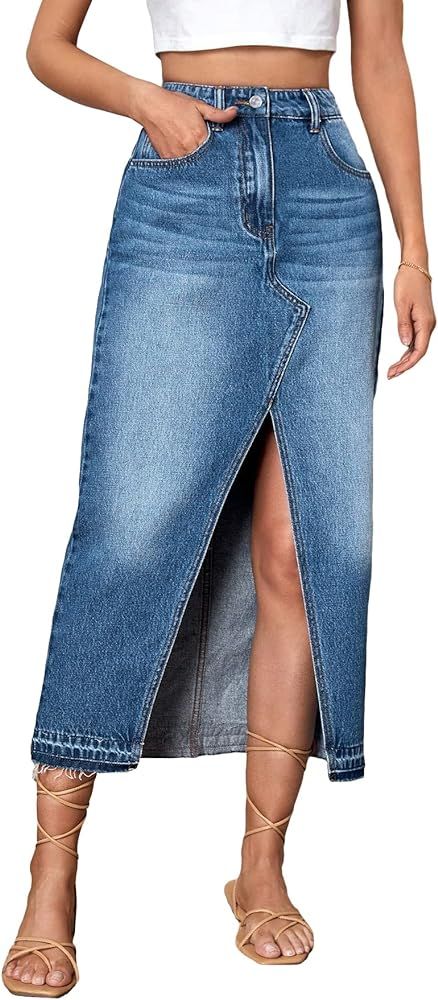Floerns Women's High Waist Split Thigh Zipper Up Asymmetrical Midi Denim Skirt with Pocket | Amazon (US)