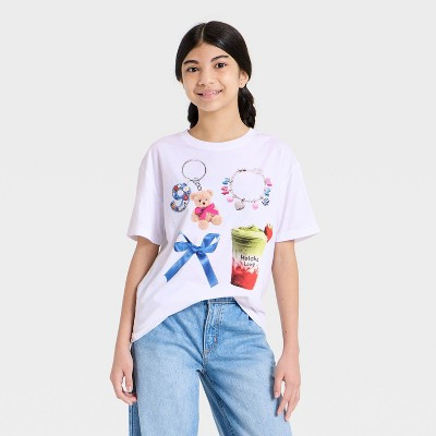Girls' Scavenger Hunt Charms and Matcha Short Sleeve Oversized Graphic T-Shirt - White S | Target
