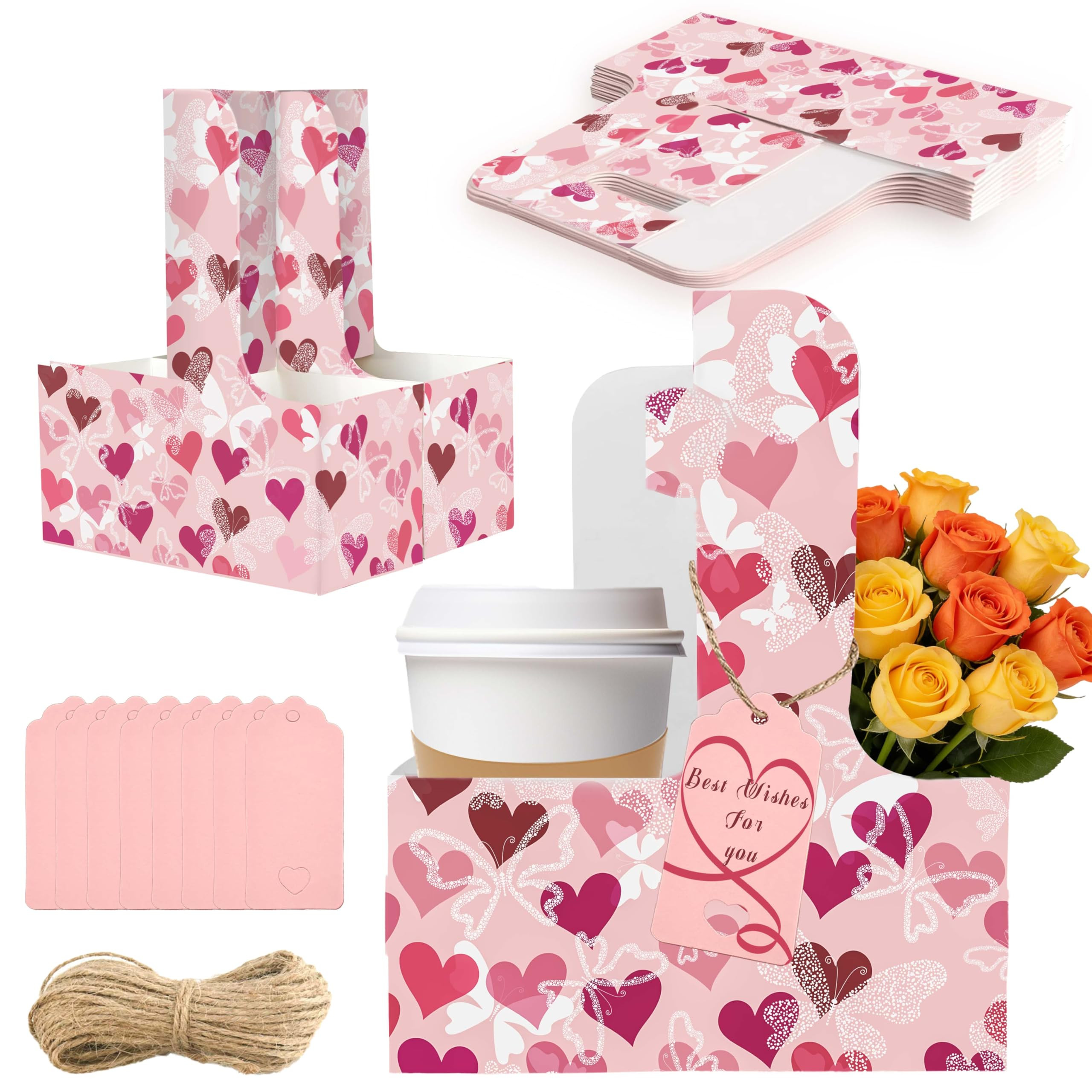 8 Set Drink Carrier,Cardboard Cup Holder with Love, Coffee Cup Holder with Handle,Coffee Carrier with Greeting Card and Ribbon for Valentine's Day Gifts Party Gift,Pink | Amazon (US)