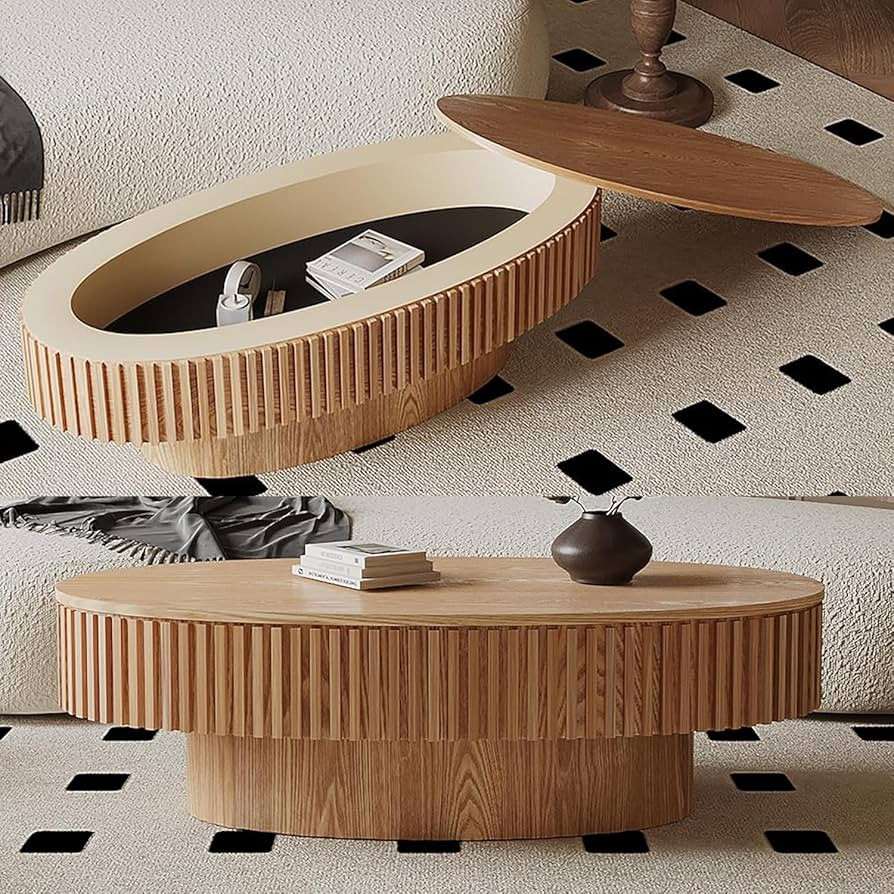 47'' Oval Coffee Table with Storage for Living Room Modern Fluted Coffee Table with Lid Pedestal ... | Amazon (US)