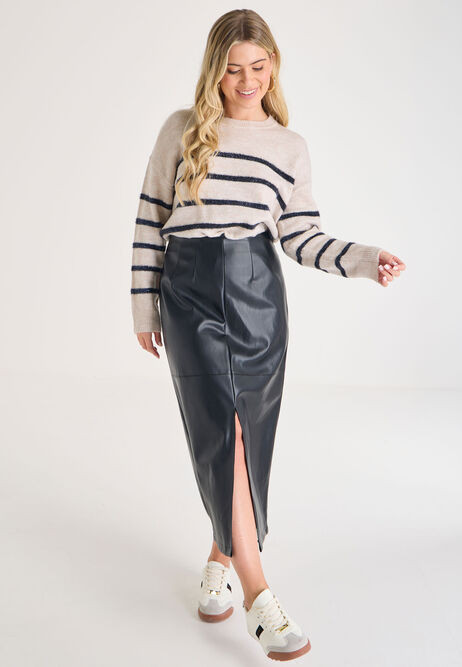 Womens Black Plain PU Midi Split Skirt | Peacocks