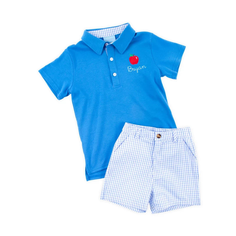 School Adventure Blue Windowpane Polo Short Set | Classic Whimsy
