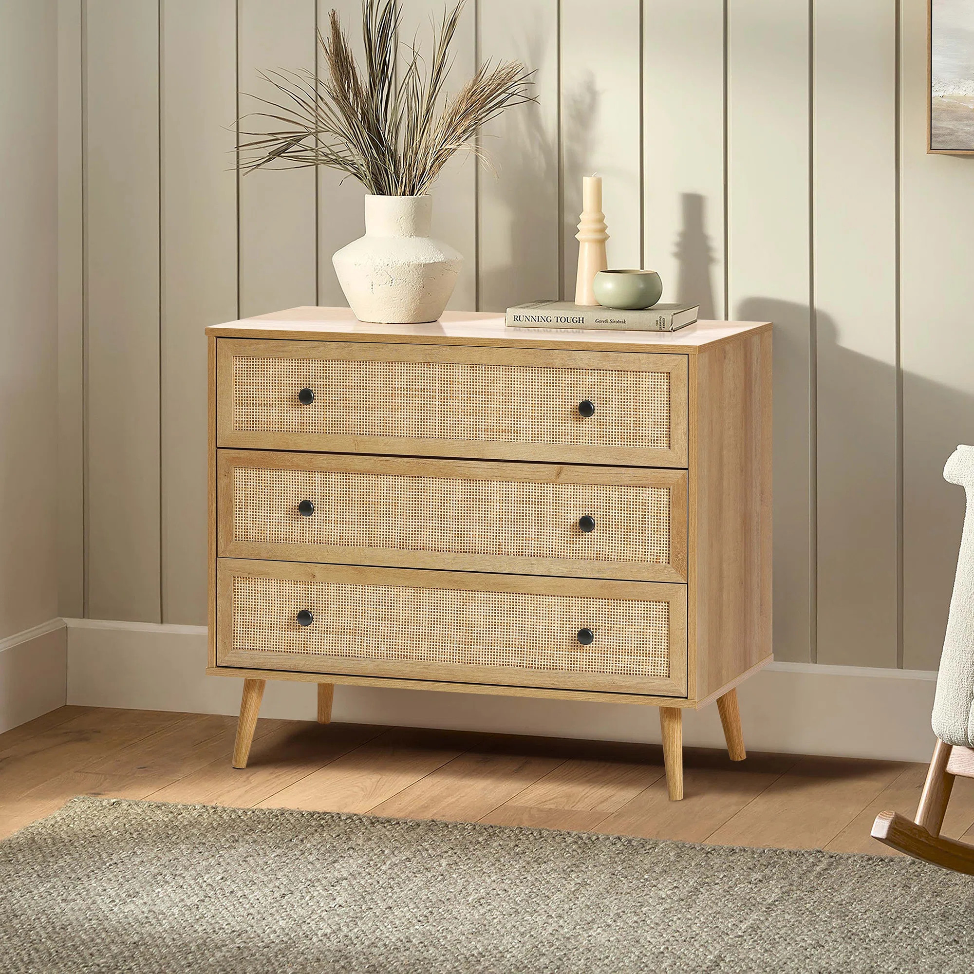 Adeline 3-Drawer Rattan Light Oak Finish Wood Dresser | Wayfair North America