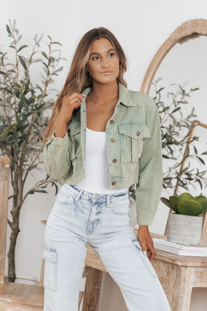 Green Button Down Twill Crop Jacket curated on LTK