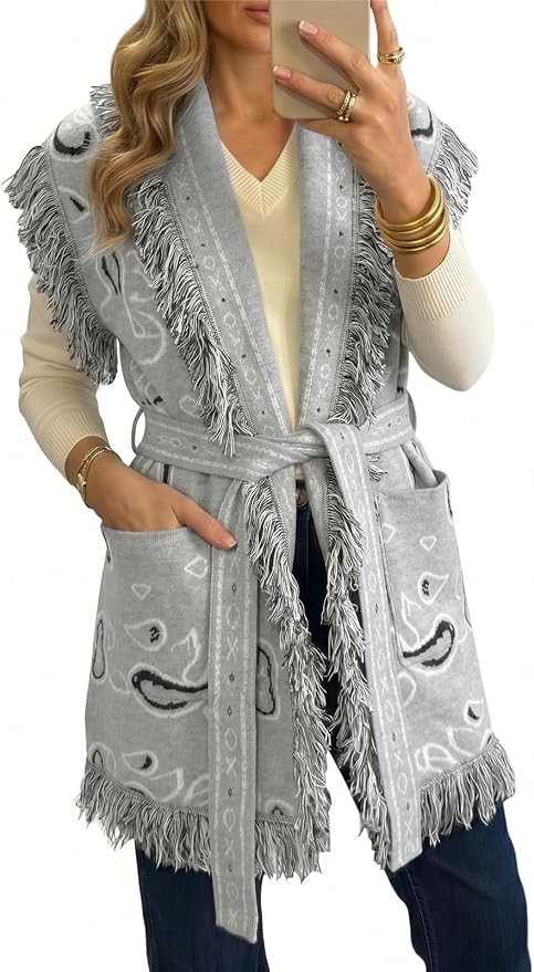 Saodimallsu Womens Sleeveless Long Cardigan Sweaters Fringe Shawl Collar Boho Paisley Wrap Belted... | Amazon (US)