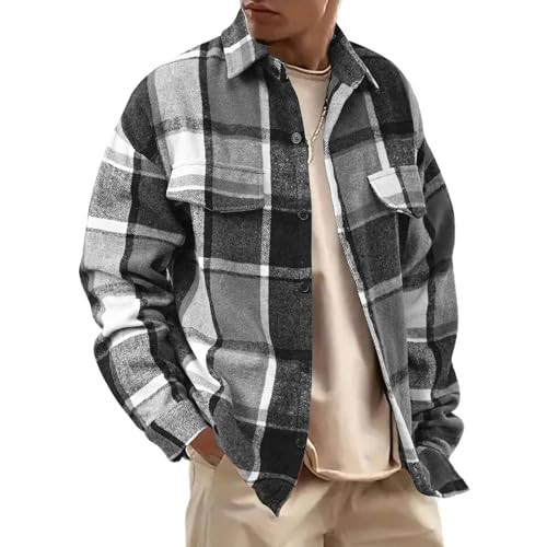 Flannel Shirt for Men Long Sleeve Button Down Plaid Shirt Fall Jacket Casual Stylish Shirts Shacket with Pockets Soft Comfy Outdoor Coats Fashion Clothing Grey | Amazon (US)