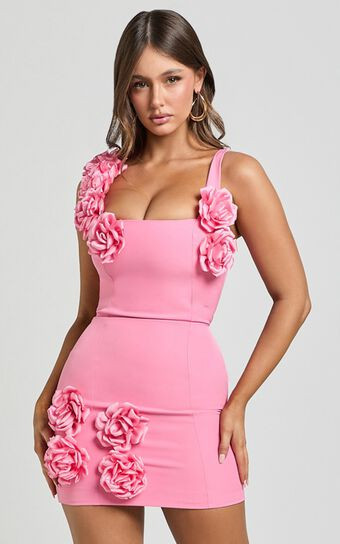 Emmy Mini Dress - Rosette Detail Fitted Dress in Bubblegum Pink | Showpo (US, UK & Europe)