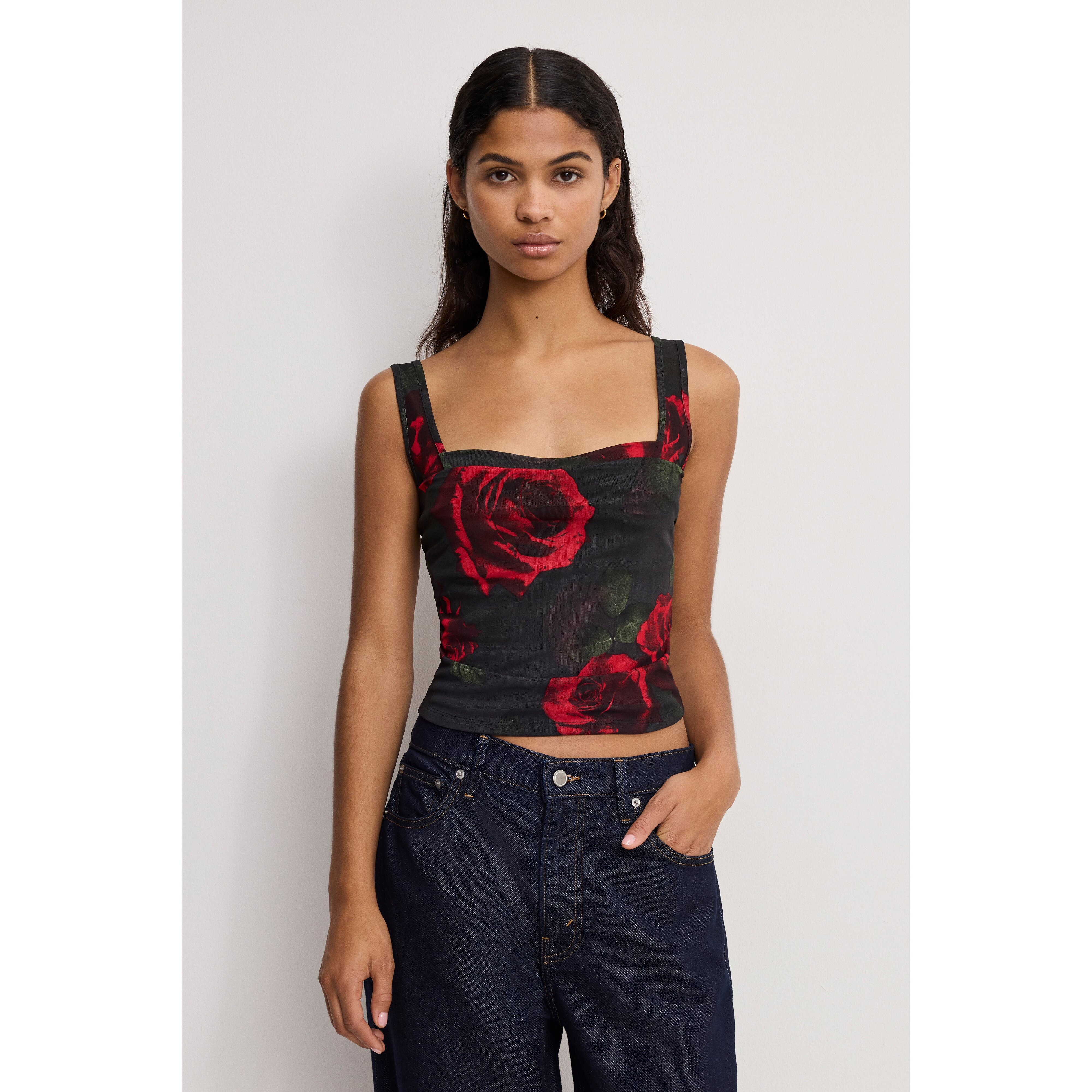 Women's Mesh Bustier | Moody Red Roses, Size Large | Good American by Khlo� Kardashian | Good American