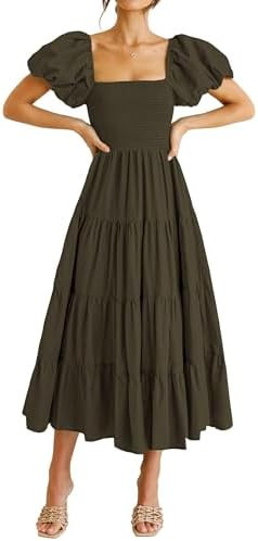 PRETTYGARDEN Women's Smocked Midi Wedding Guest Dress | Puff Short Sleeve, Square Neck A Line, Ti... | Amazon (US)