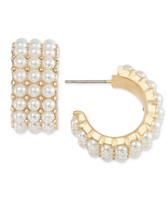 Gold-Tone Small Imitation Pearl Triple-Row C-Hoop Earrings, 0.82" | Macy's