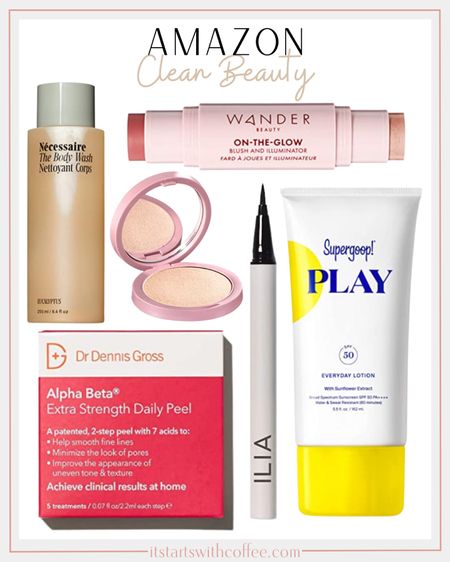 Amazon clean beauty products include Nécessaire Body Wash, Illuminator Makeup & Highlighter Powder, upergoop! PLAY Everyday Sunscreen, Ilia liquid eyeliner, Dr. Dennis Gross Alpha Beta Extra Strength Daily Peel, and Highlighter Makeup & Blush Stick.

#LTKunder50 #LTKbeauty #LTKFind