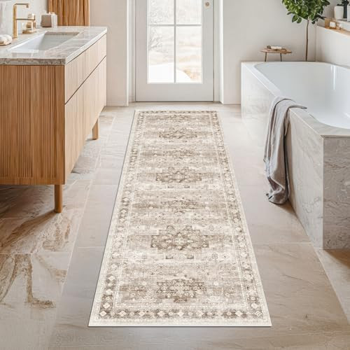 Boho Long Bathroom Runner Rug 24 x 72 Washable Non Slip - Soft Stain Reistant Rugs for Kitchen, Laundry Room, Hallway Runner - Neutral Floral Design Décor (2x6 Beige/Latte) | Amazon (US)