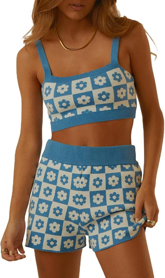 Newbgclo Women's Two Pieces Knitted Outfit Sleeveless Straps Floral Print Cropped Tank Tops High ... | Amazon (US)