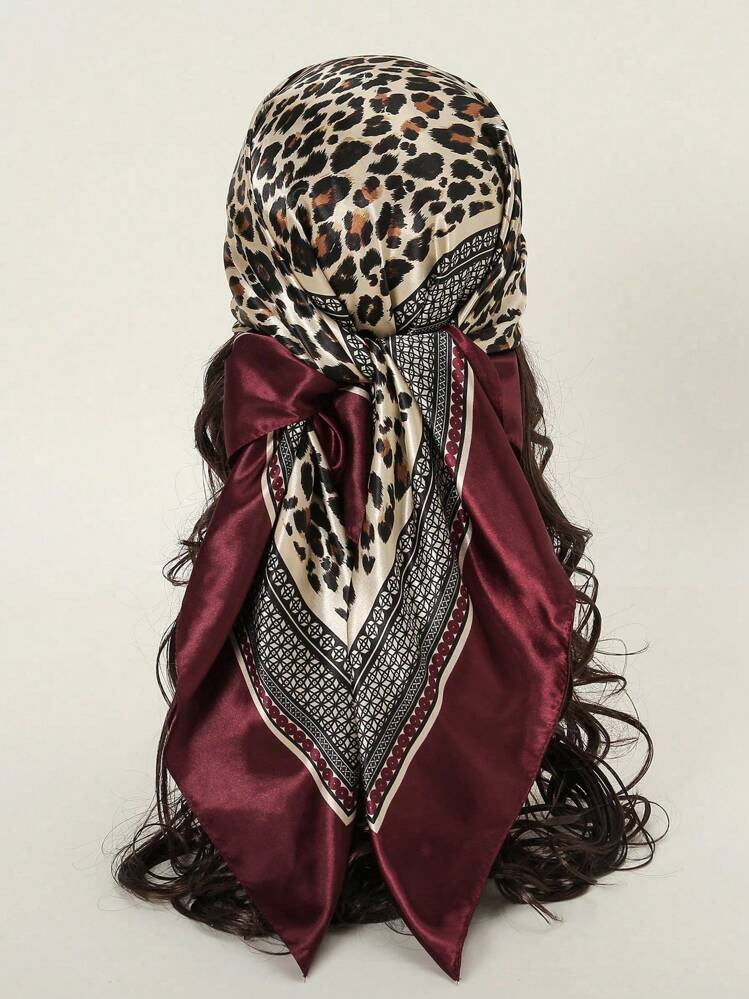 1pc Women's 90CM Fashion Scarf With Leopard Print, Satin Square Bandana Headscarf, Spring/Summer | SHEIN