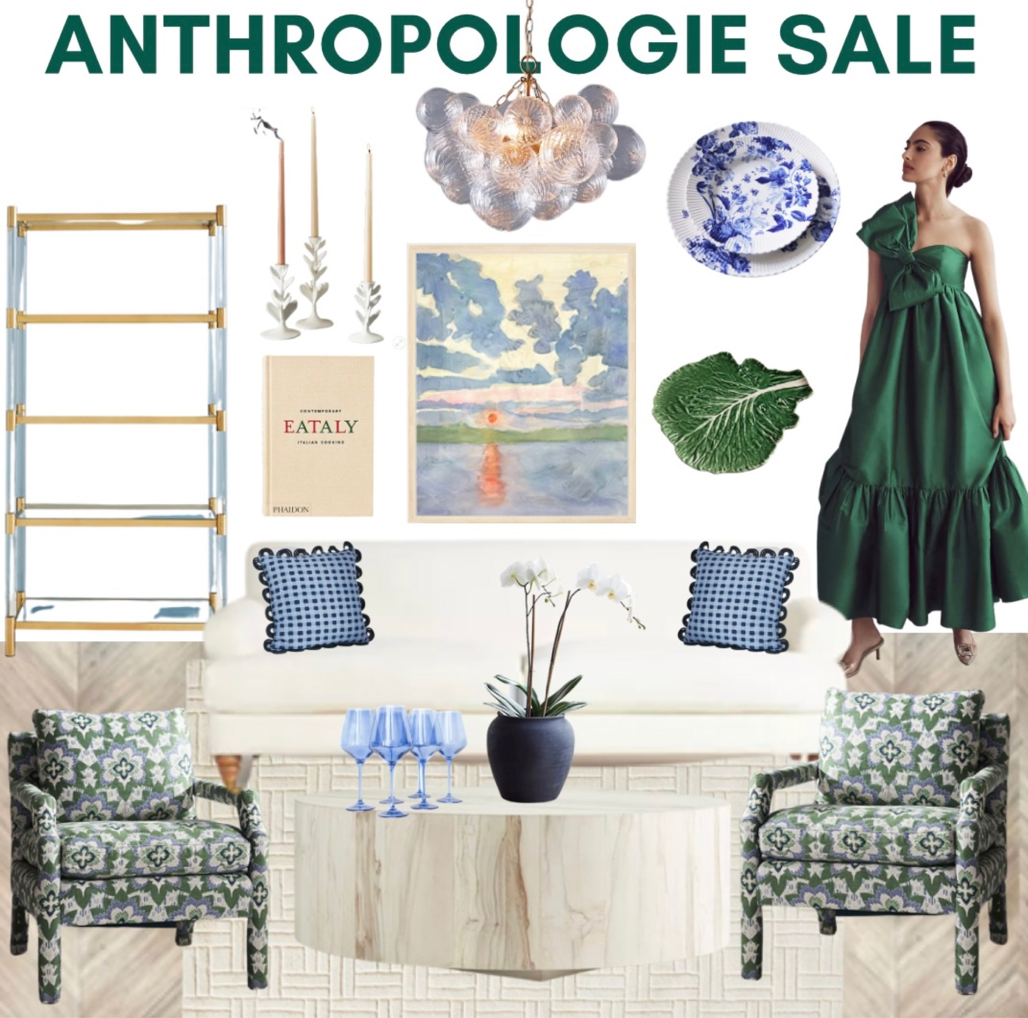Anthropologie sale. Entertaining. Dinner party. Girls night. Charcuterie cheese board. Estelle wine glasses. Acrylic shelf. Chandelier. Beach art. Candle holder. Coffee table cookbook. Green bow dress. Blue and white dinner plate. Cabbage leaf. Gingham pillows. White sofa. Faux orchid. Charcoal planter. Blue wine glasses. Rug. Upholstered chair. Chinoiserie. Preppy. Grandmillennial. Traditional  

#LTKxAnthro #LTKsalealert #LTKhome