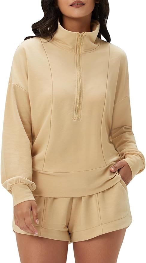 DEEP SELF Women 2 Piece Outfits Sweatshirt Quarter Zip V Neck Long Sleeve Pullover Top Shorts Paj... | Amazon (US)