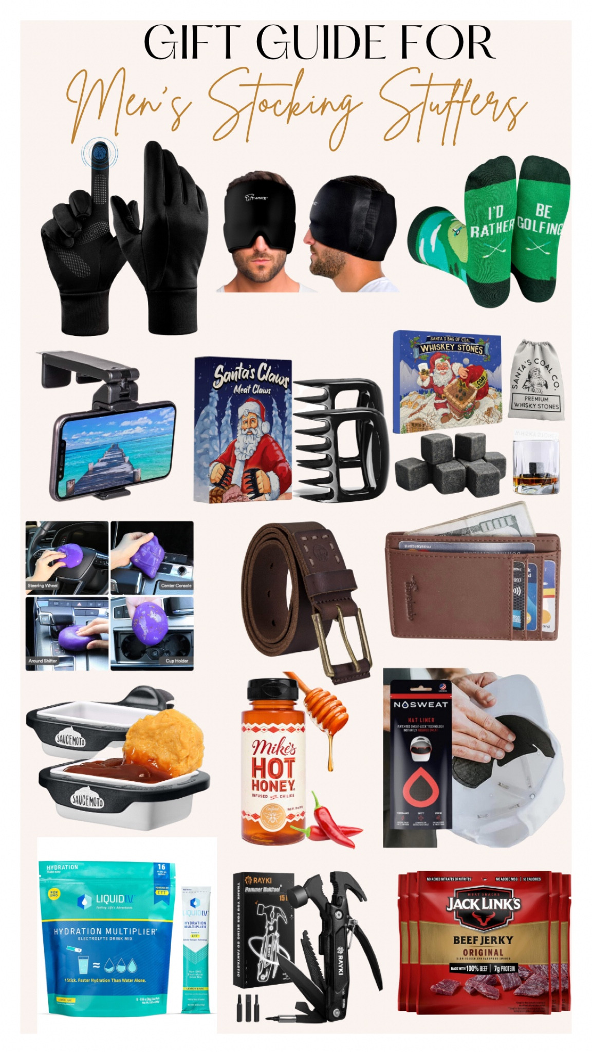 Men’s stocking stuffers 

Amazon finds, mens gift guide, stocking stuffers, men’s gifts , amazon cyber sales, gloves, men’s gloves, meat claws, men’s socks, headache reliever, phone stand, whiskey rocks, car cleaner, men’s belt, men’s wallet, mikes hot honey, sweat relief for hats, hat inserts, tool kit, liquid IV, beef jerky 

#LTKGiftGuide #LTKCyberWeek #LTKmens