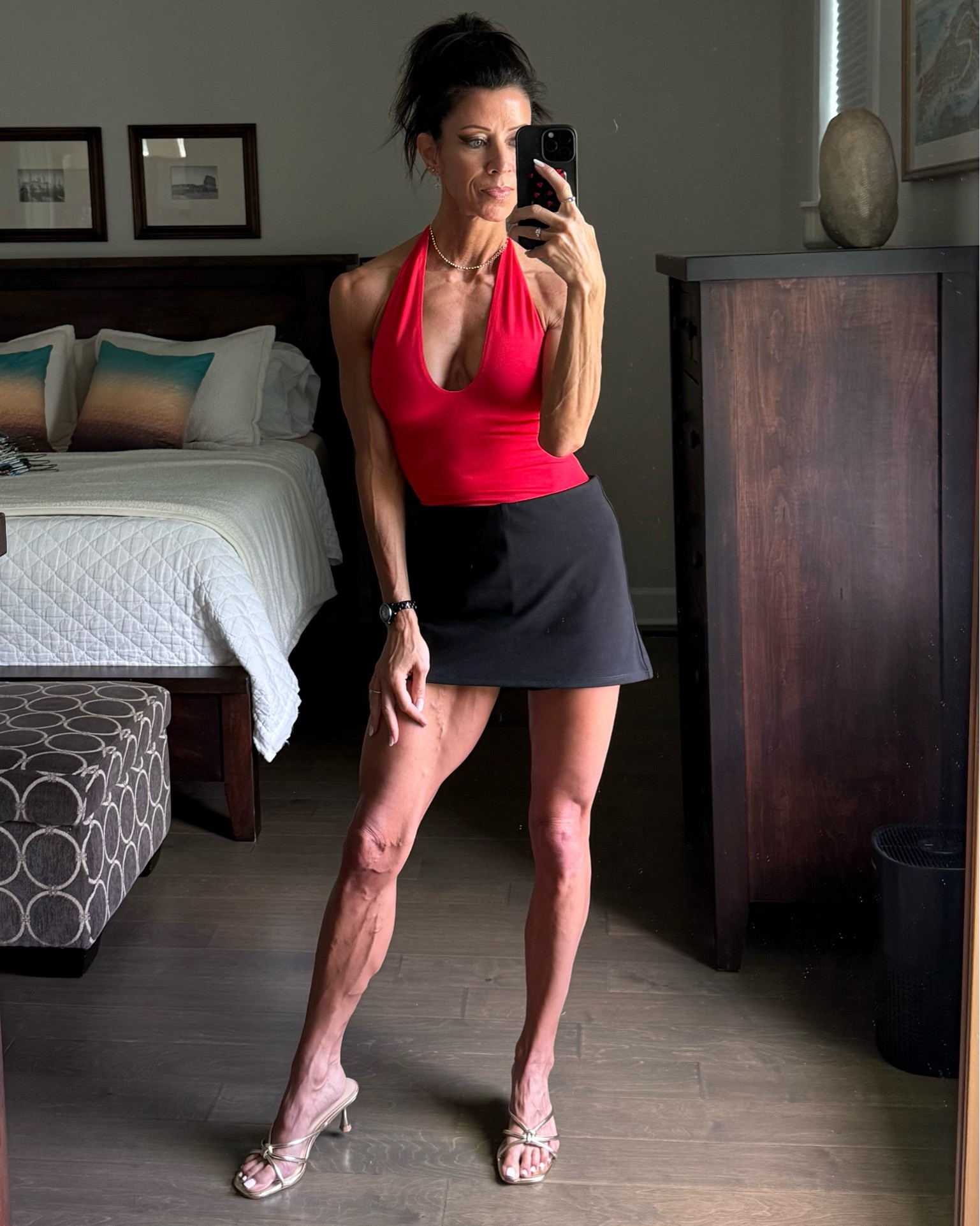Skims skort. Skims tshirt. Skims halter top. Summer outfit. Kitten heel. Gold heels.

#LTKOver40 #LTKgrwm #LTKSeasonal