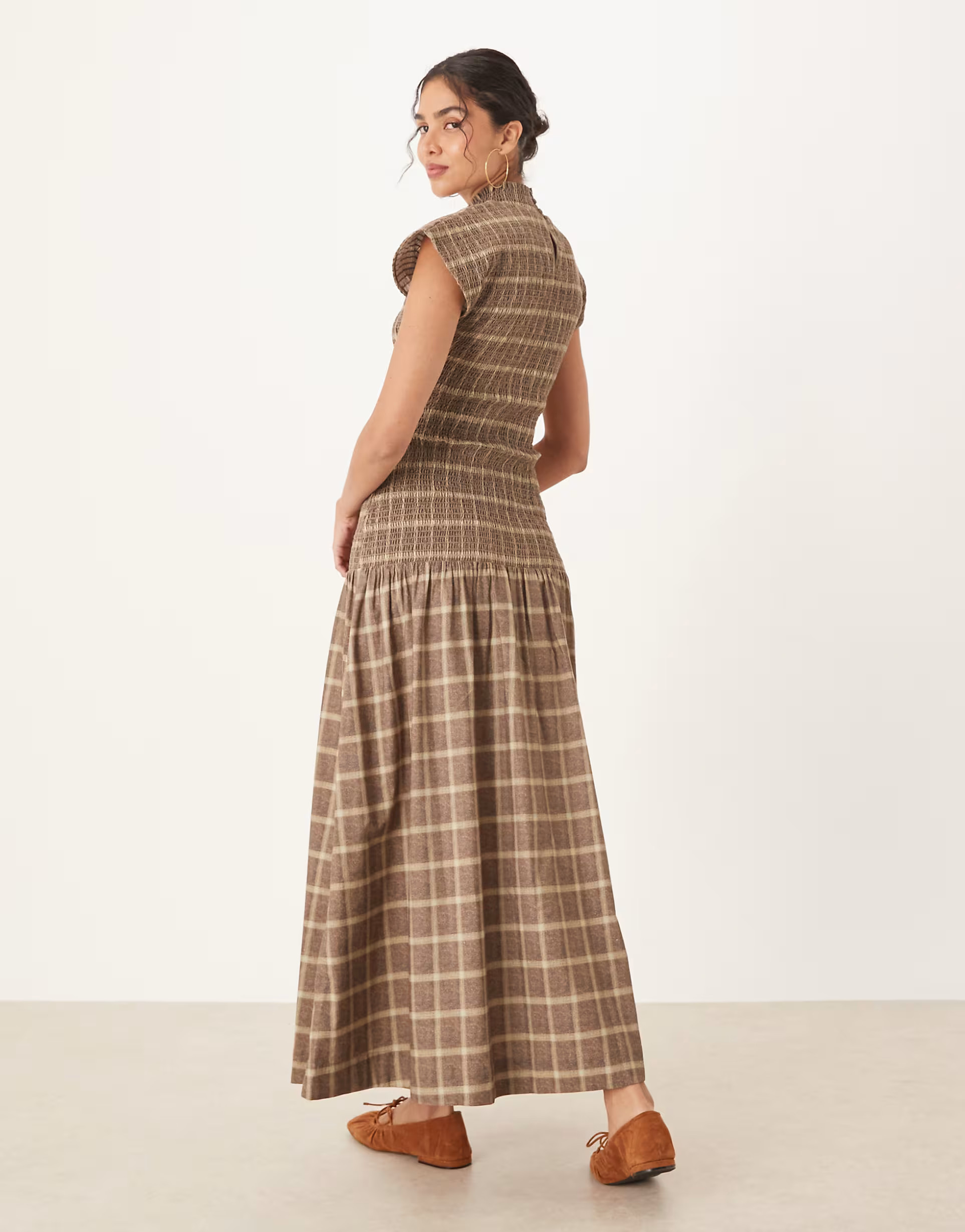 ASOS DESIGN high neck shirred maxi dress with dropped waist in plaid | ASOS (Global)