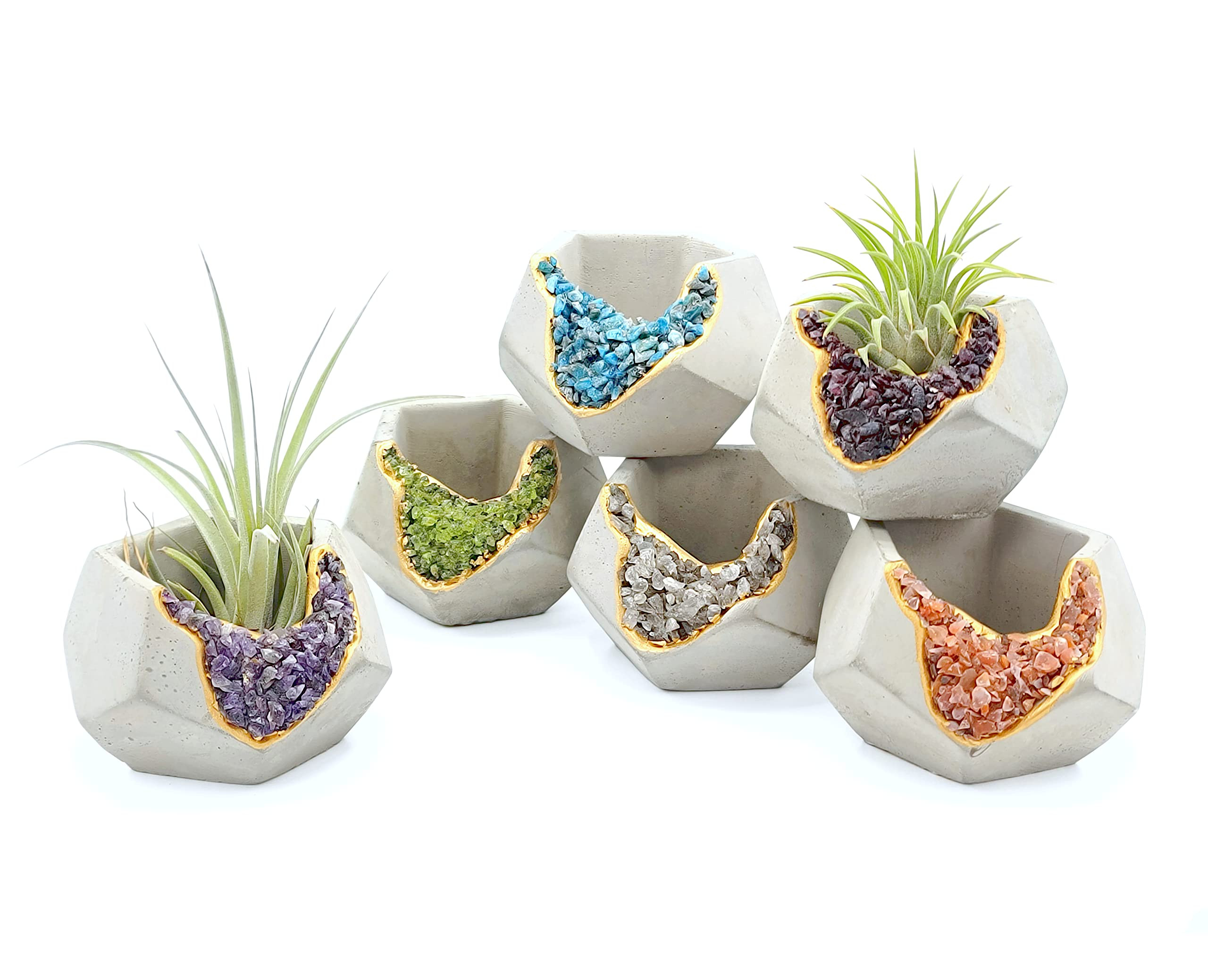 6 Pack Small Crystal Cement Pots - Unique Air Plant Holders - 3 Inch Mini Geode Concrete Plant Po... | Amazon (US)