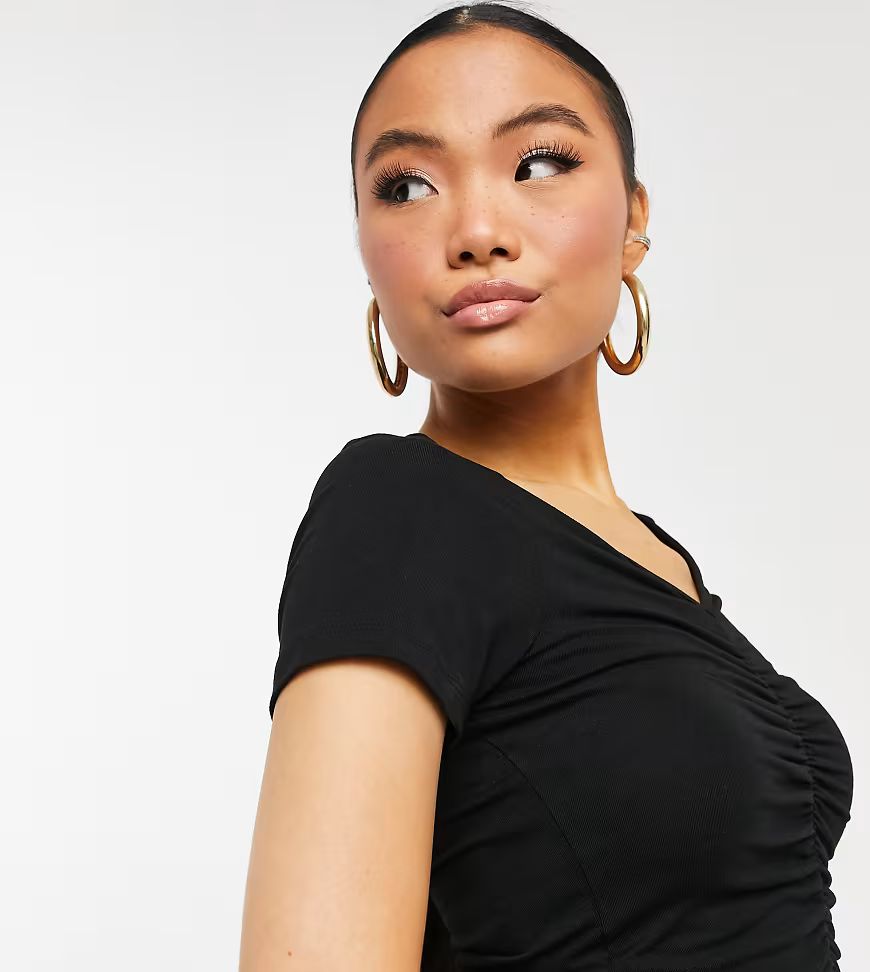 ASOS DESIGN Petite v neck crop top with ruched front in black | ASOS (Global)