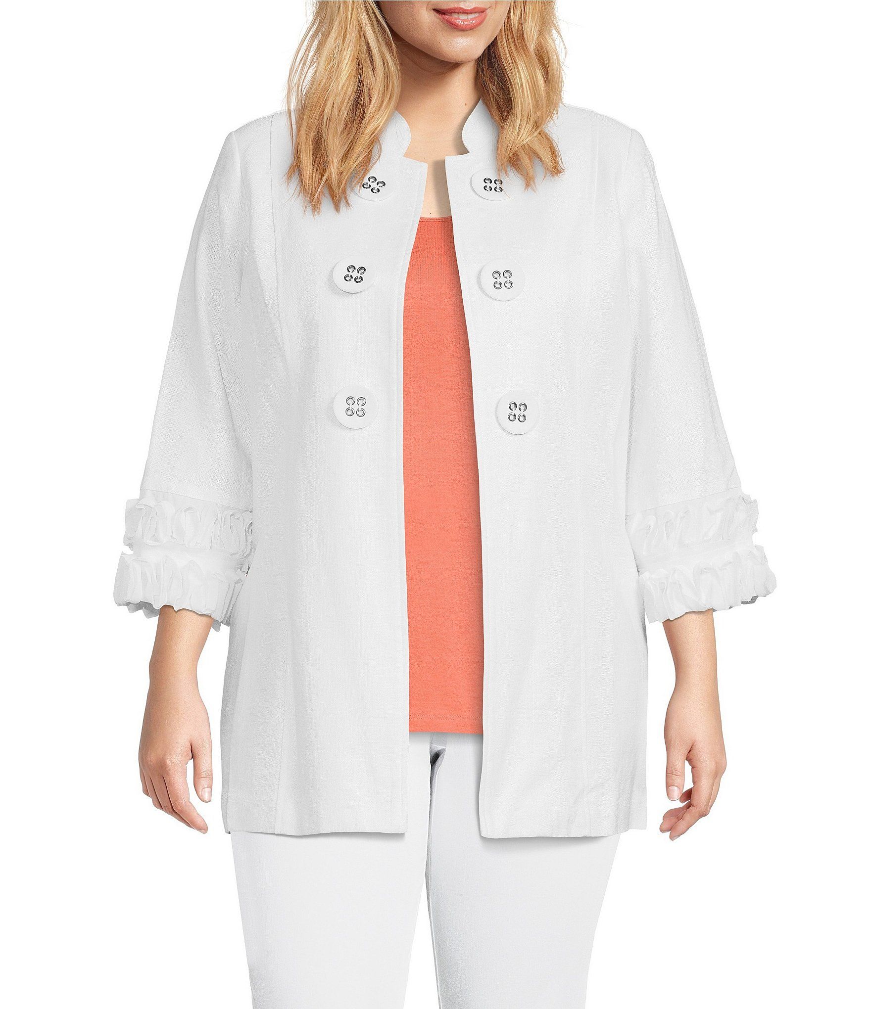 Plus Size Banded Collar Trimmed Cuff Open Front Jacket | Dillard's