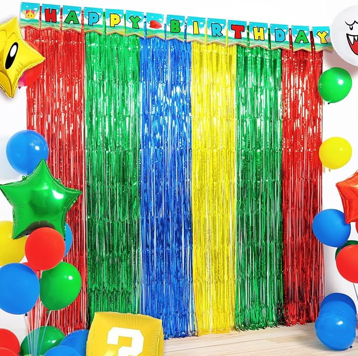 Super Bros Birthday Party Decoration, 2 Pack Red Green Blue Yellow 3.3 x 6.6ft Foil Fringe Curtai... | Amazon (US)