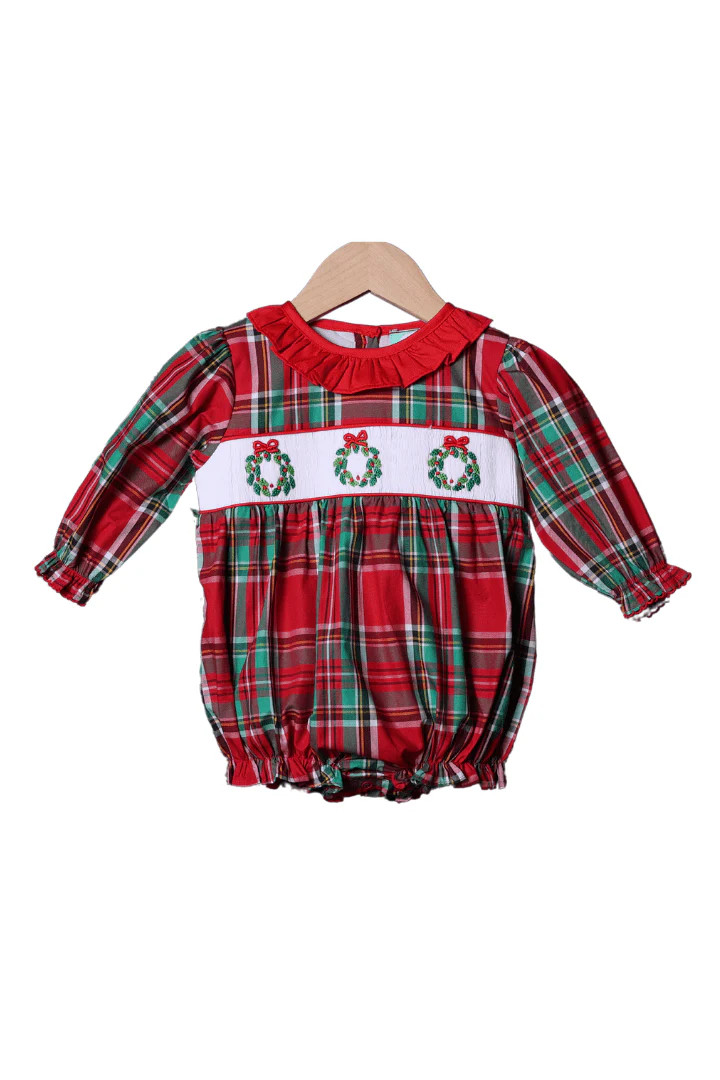 Smocked Christmas Wreath Plaid Bubble | The Smocked Flamingo