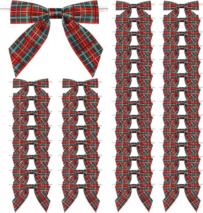 50 Pcs Christmas Plaid Bow with Twist Ties 3.5 Inch, Red, Green | Amazon (US)