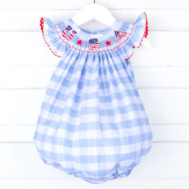 USA Smocked Blue Check Angel Sleeve Bubble | Classic Whimsy