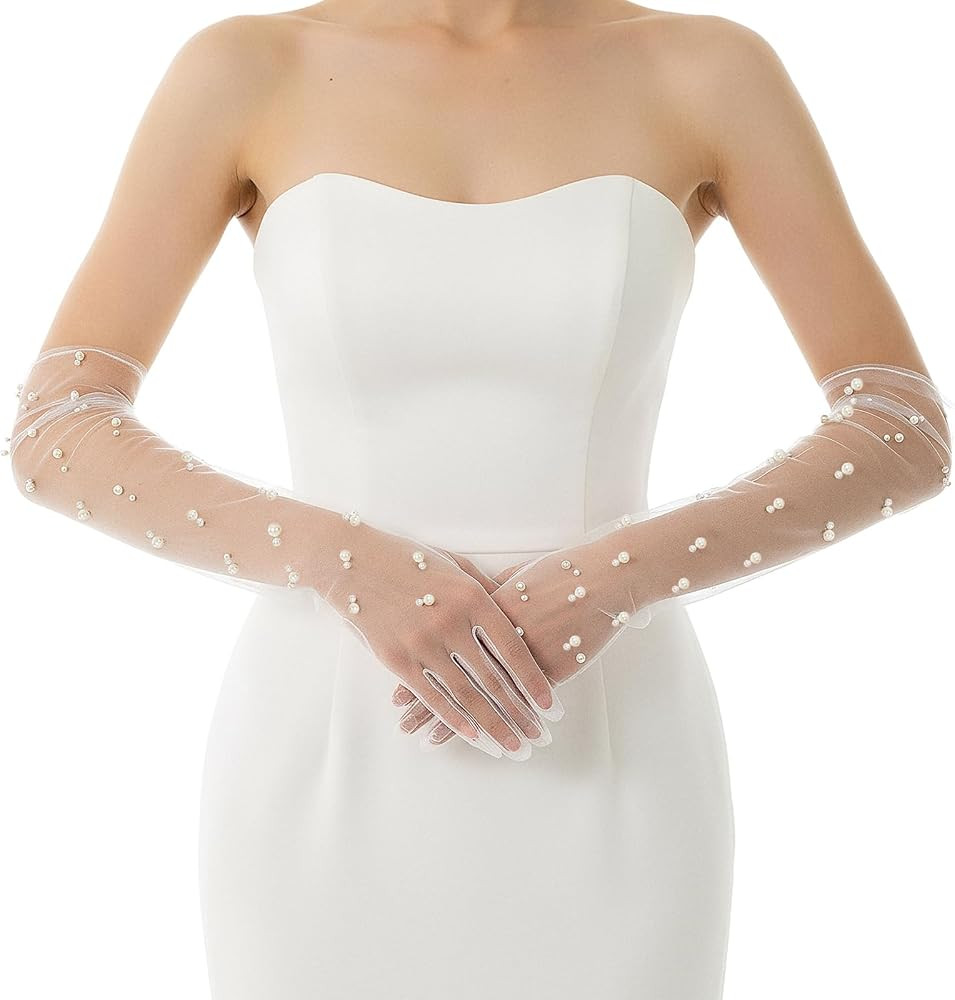Pearl Long Wedding Gloves Women’s Tulle Bridal Gloves Sheer White Finger Long Bridal Sleeves, O... | Amazon (US)