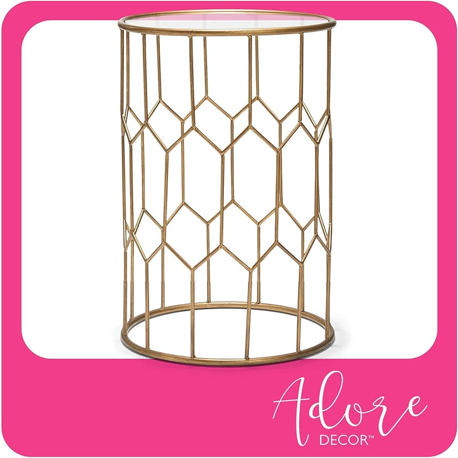 Adore Decor Harper Modern Glass and Metal Side Table, Gold Geometric Decorative Drum Small Accent... | Amazon (US)