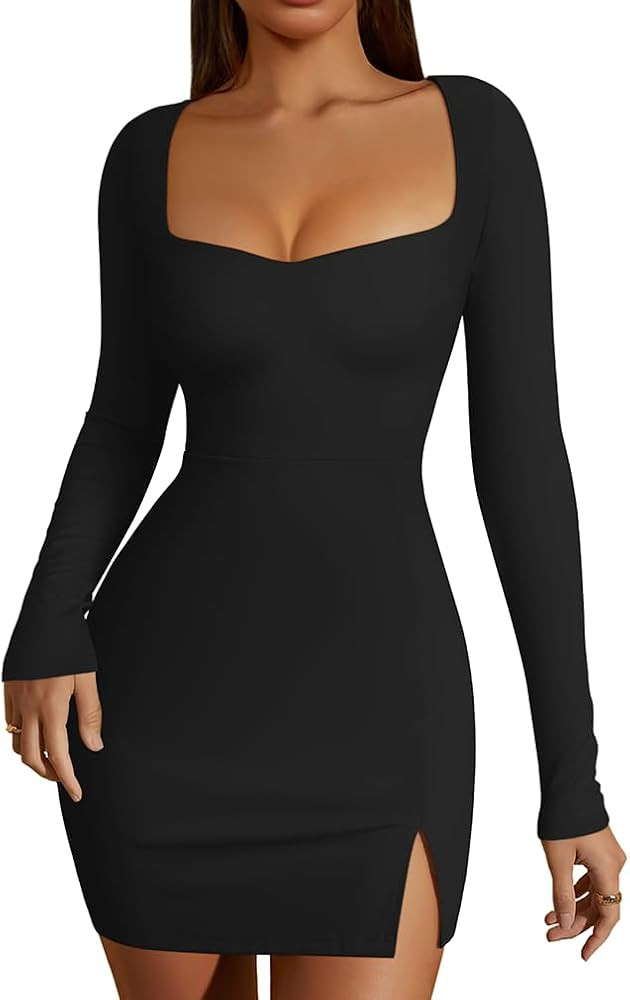 HYZ Women's Sexy Bodycon Elegant Sweettheart Neckline Long Sleeve Club Party Mini Dress | Amazon (US)