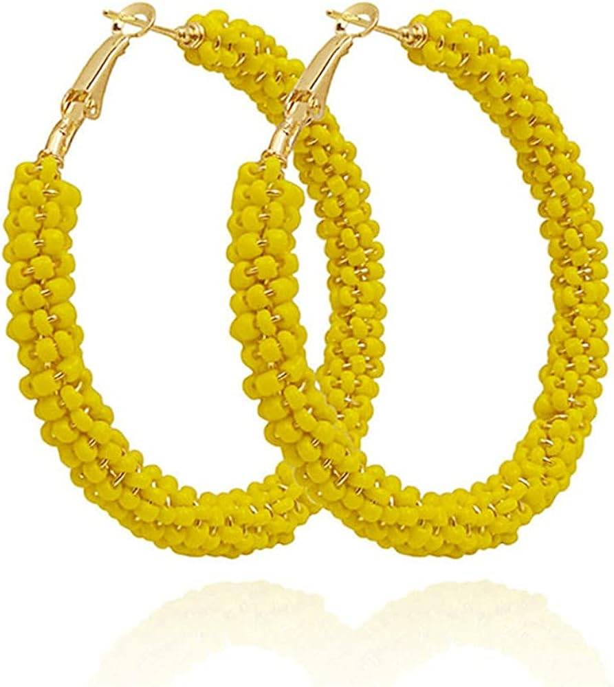 Beaded Hoop Earrings for Women Mixed Color Bead Dangle Earrings Bohemia Hoop Dangle Earring Studs fo | Amazon (US)