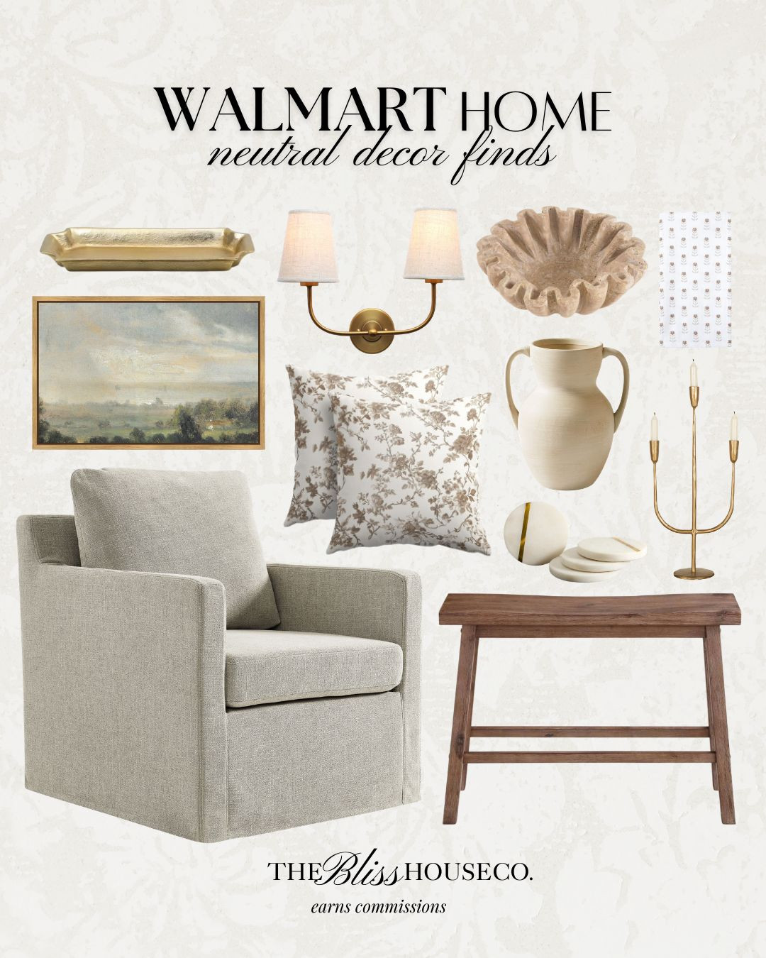 Neutral Walmart home decor finds. 🌿 

Classic accent chair, wood bench table, brass wall sconce, floral throw pillows, landscape wall art, ceramic vase, scalloped bowl, brass candle holder, Walmart home decor, neutral home styling, traditional decor finds, accent chair living room, wood bench table, brass lighting decor, floral throw pillows, ceramic vase decor, landscape wall art, classic home accents. 

 #LTKHome