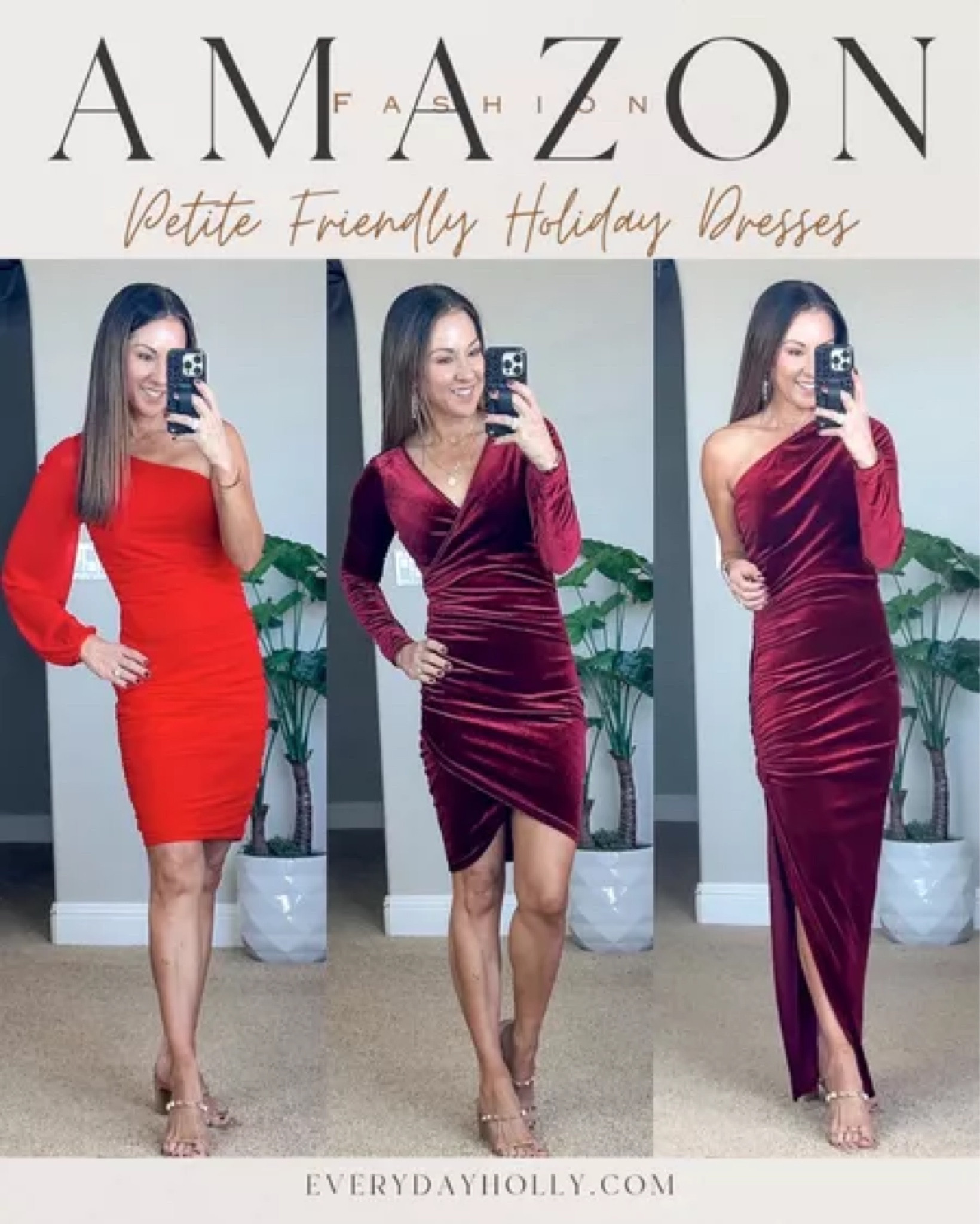 Petite friendly Holiday dresses all in the smallest size offered. Two-strap nude heels with gold tts | special occassion bag, clutch | my favorite strapless bra and my favorite self tanner and self tanning mitts. Christmas Party dresses, red special occasion dress, one shoulder dress, velvet dress, holiday outfits, holiday dress

#LTKHoliday #LTKfindsunder50 #LTKparties