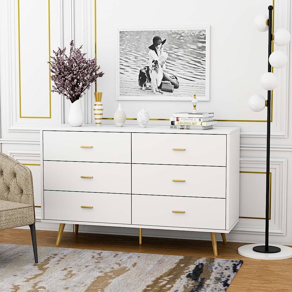 JOZZBY White Dresser, 6 Drawer Dresser for Bedroom with Wide Drawers and Metal Handles, Modern Wo... | Amazon (US)