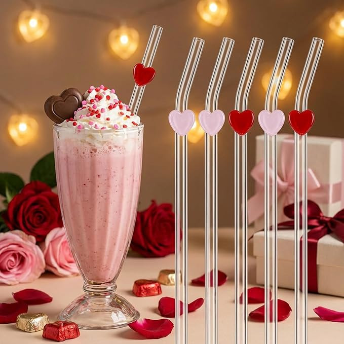 SiliFine 6 Pcs Valentine's Day Glass Straws red heart Icon Straws Reusable 8 Shatter Resistant Cl... | Amazon (US)