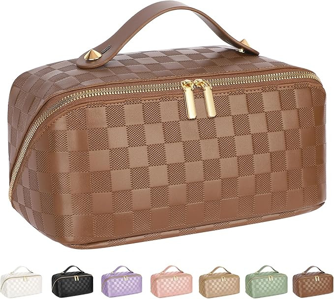 Large Capacity Travel Cosmetic Bag - Portable Makeup Bags for Women Waterproof PU Leather Checker... | Amazon (US)
