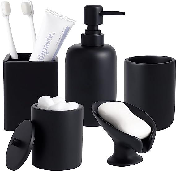 Resin Matte Black Bathroom Accessory Set of 5, Lotion Soap Dispenser, Bathroom Organizer Accessor... | Amazon (US)
