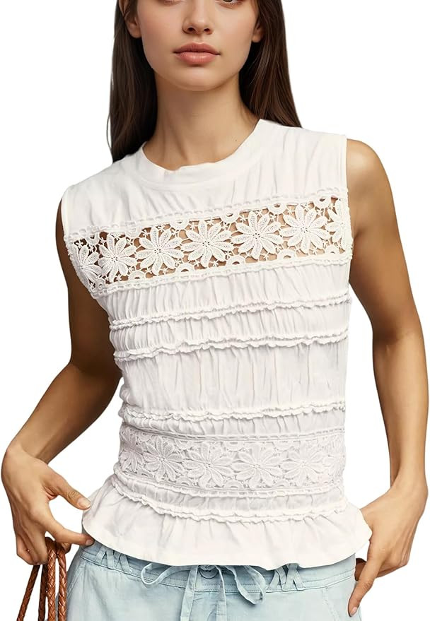 calbatic Women Lace Floral Embroidered Smocked Tank Top Ruffle Hem Hollow Out Crewneck Shirred Sh... | Amazon (US)