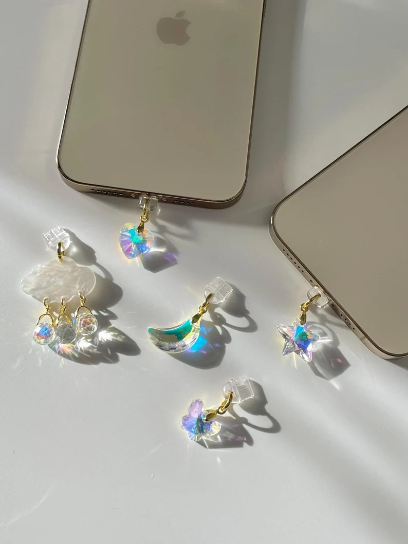 Glass Crystal Phone Charm Anti Dust Plug Kindle Charm USB C Plug Charm Star Moon Cloud Heart Butt... | Etsy (US)