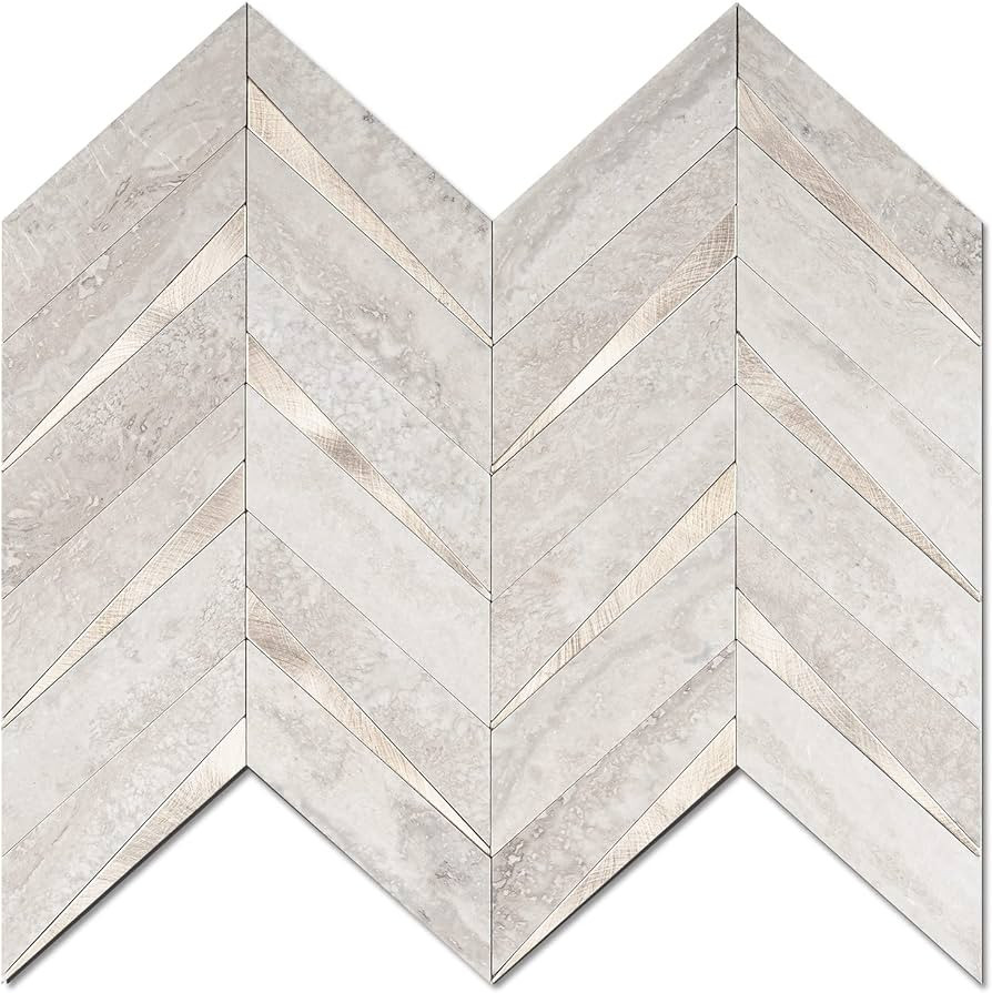 STICKGOO 10-Sheet Herringbone Tile Peel and Stick Backsplash, Beige Mixed Metal Gold PVC Stick on... | Amazon (US)