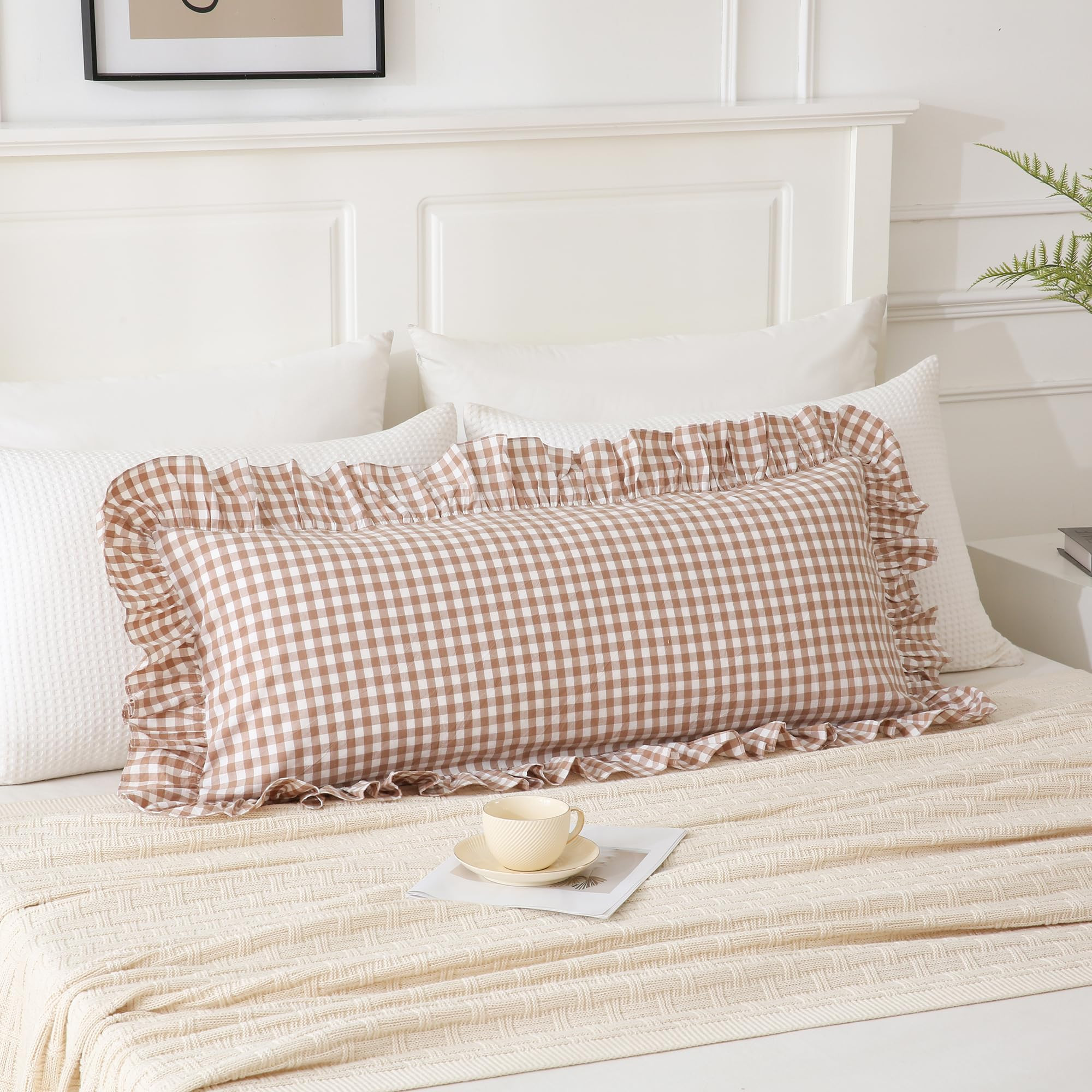 14x36 inches Taupe Plaid Ruffle Gingham Lumbar Throw Pillow Cover, Pure Cotton Decor Pillowcase F... | Amazon (US)