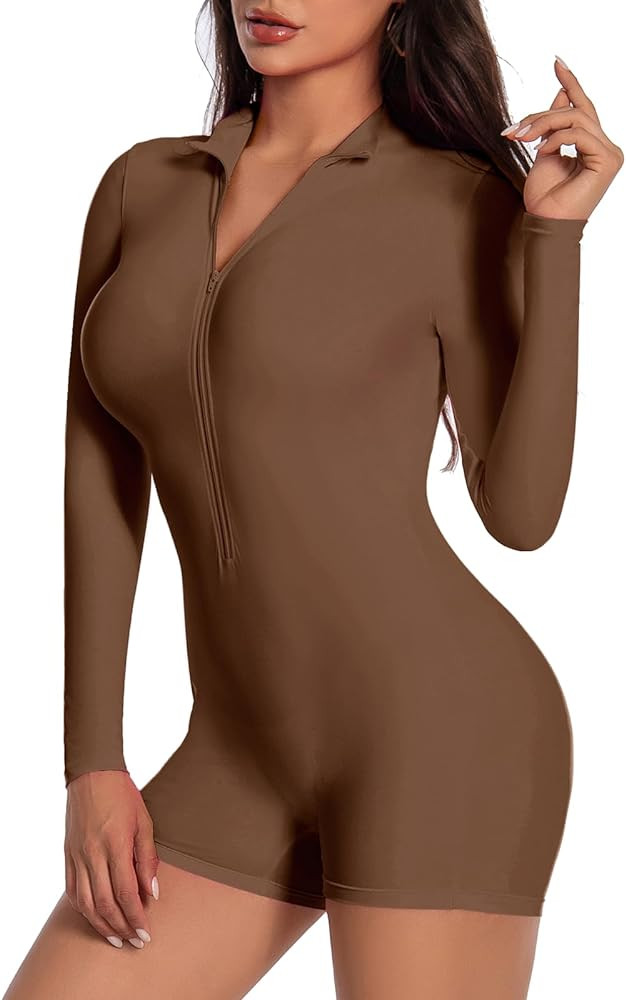 speerise Women Long Sleeve One Piece Jumpsuit Short Pants Leotard Romper Sexy Zip Front Workout B... | Amazon (US)