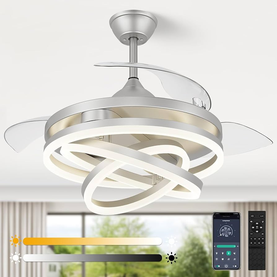 42 Inch Retractable Ceiling Fan, Chandelier Ceiling Fan with Light DC Motor, 3 Color Tempearture,... | Amazon (US)