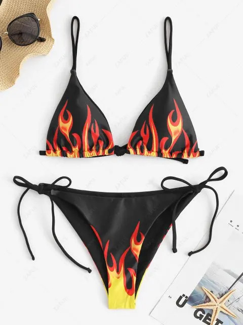 ZAFUL Flame Print Triangular Tie Side Bikini Swimwear | ZAFUL (Global)
